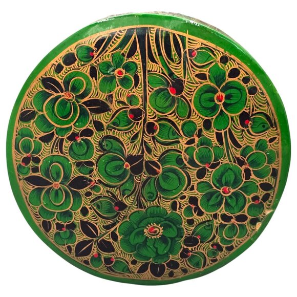 Paper Mache Green Floral Coaster Set Of 6 Storage Box Lacquered Hand Painted - Picture 8 of 15